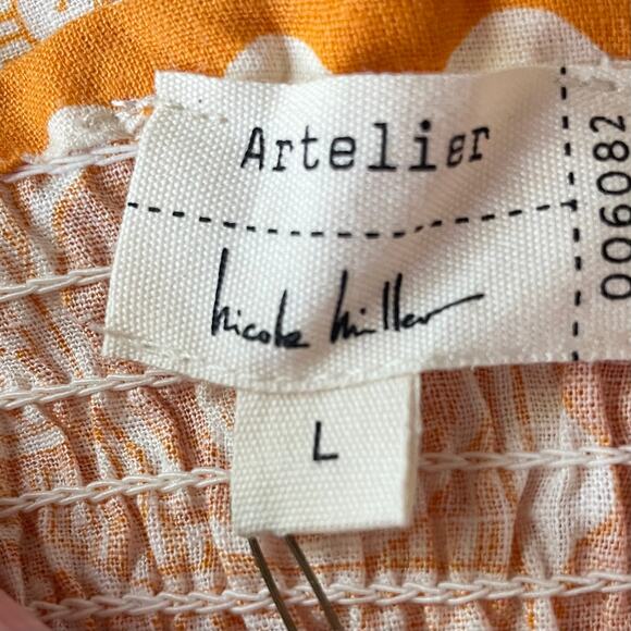 Artlier Nicole Miller Linen Blend Crop Top LG Postal Print Smocked Back Travel - Picture 8 of 8